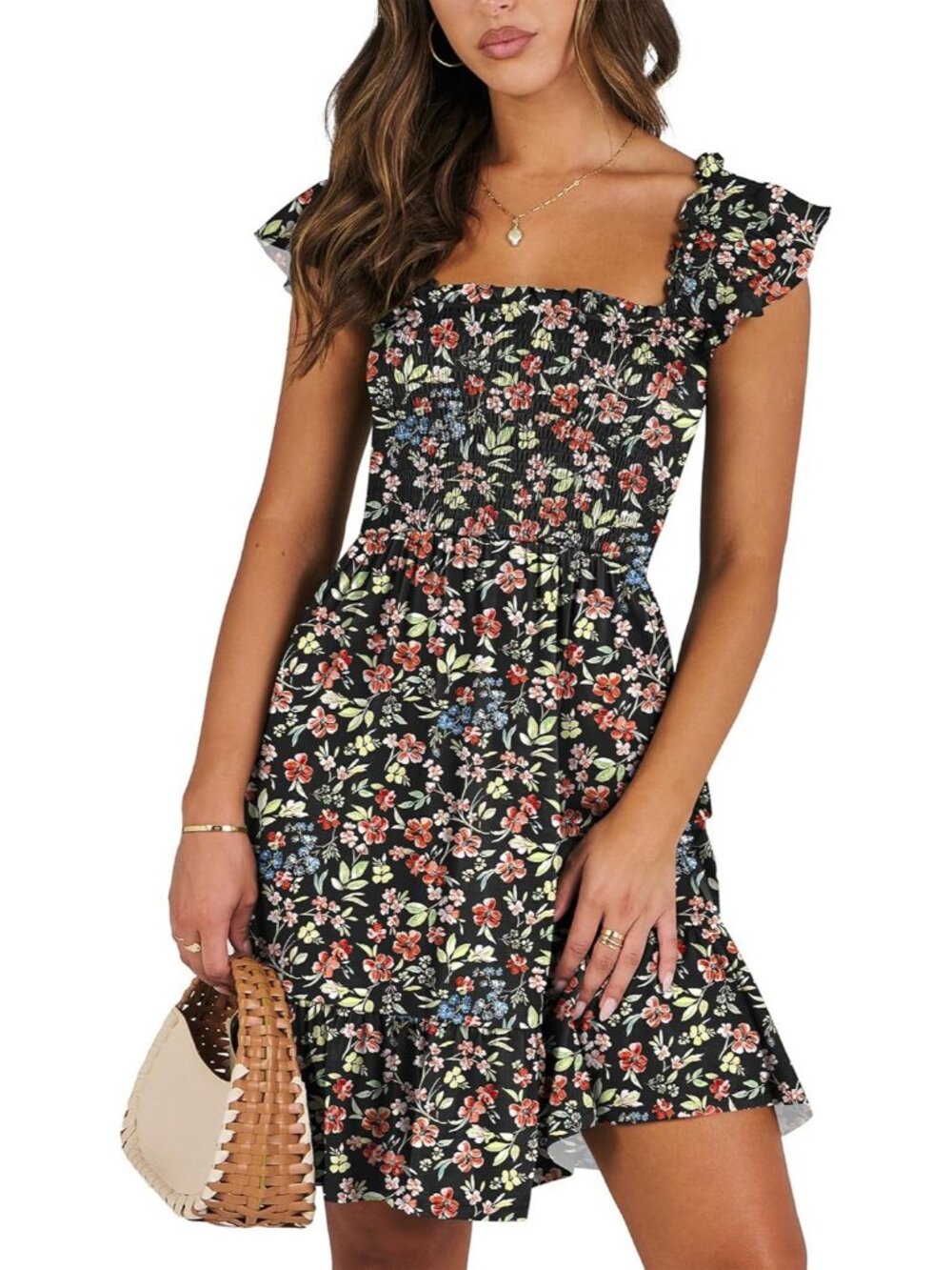 Women's Summer Sleeveless Square Neck Dress Floral Black Smocked Ruffle Backless